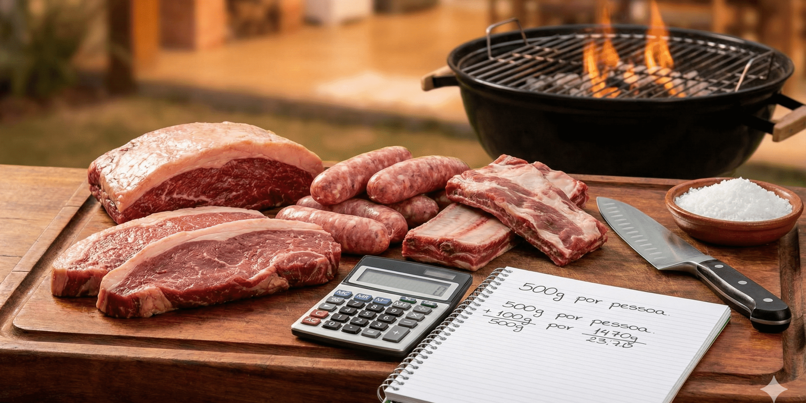 Como calcular carne para churrasco Tábua de madeira com peças cruas de picanha, linguiça e costela, ao lado de uma calculadora e um caderno com anotações sobre como calcular carne para churrasco.