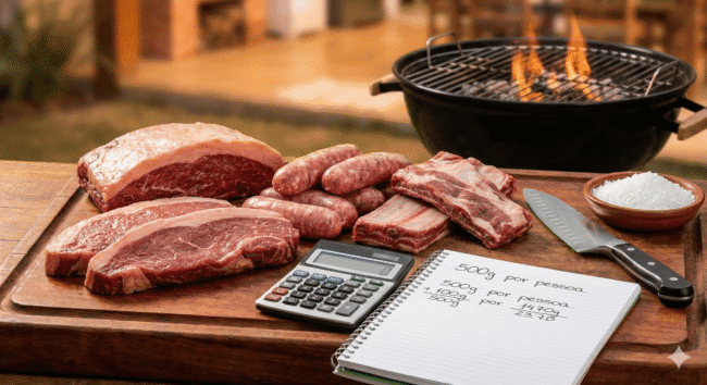 Como calcular carne para churrasco Tábua de madeira com peças cruas de picanha, linguiça e costela, ao lado de uma calculadora e um caderno com anotações sobre como calcular carne para churrasco.