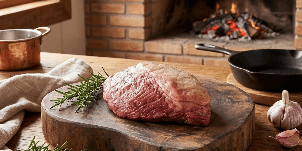 Peça suculenta de alcatra em Campinas disposta sobre tábua de madeira rústica com ramos de alecrim, alho e sal grosso em cenário de fazenda.