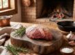 Peça suculenta de alcatra em Campinas disposta sobre tábua de madeira rústica com ramos de alecrim, alho e sal grosso em cenário de fazenda.
