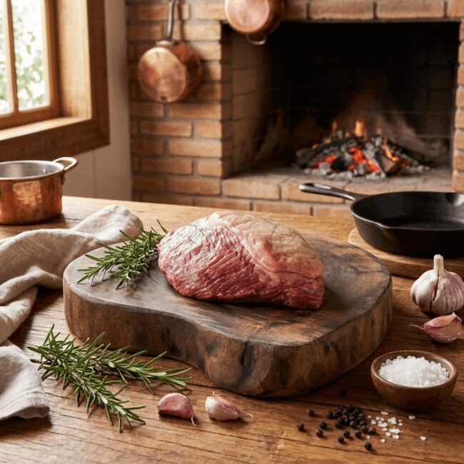 Alcatra Campinas – Experiência Gastronômica Ramalho Carnes Peça suculenta de alcatra em Campinas disposta sobre tábua de madeira rústica com ramos de alecrim, alho e sal grosso em cenário de fazenda.