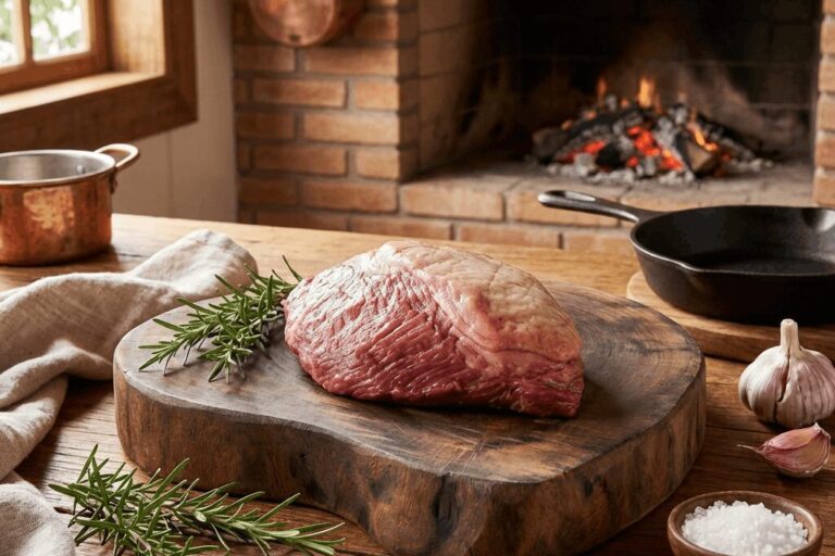 Peça suculenta de alcatra em Campinas disposta sobre tábua de madeira rústica com ramos de alecrim, alho e sal grosso em cenário de fazenda.