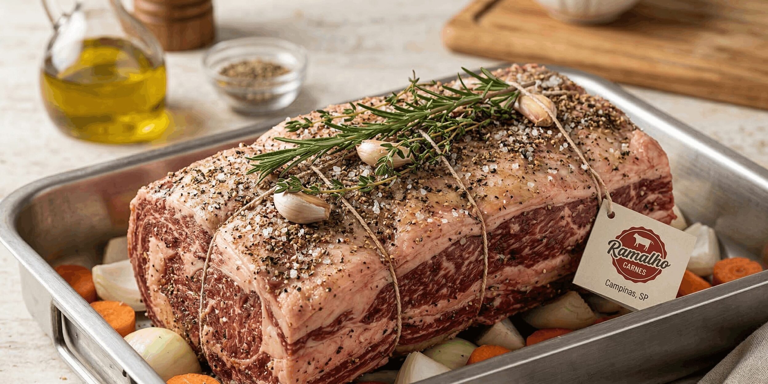 Peça crua e temperada da melhor carne para assar no forno, na assadeira com legumes e alecrim, com etiqueta da Ramalho Carnes Campinas.