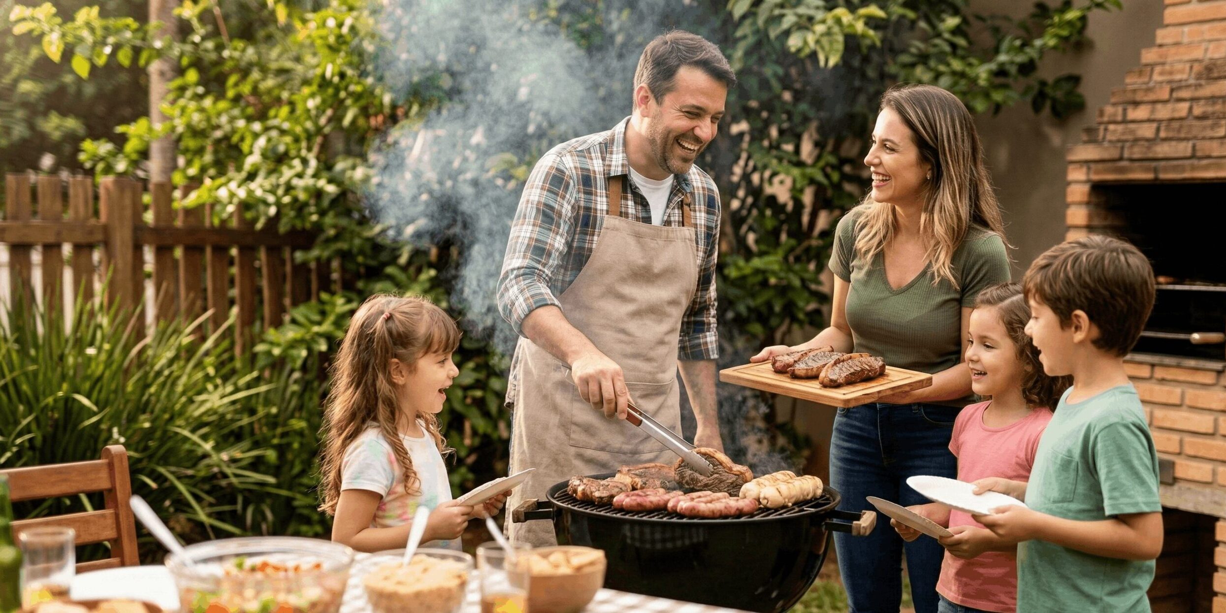 Família feliz reunida ao redor da churrasqueira em Campinas. O pai assa cortes de picanha e linguiça, ilustrando na prática como calcular a quantidade de carne por pessoa churrasco.