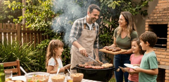 Família feliz reunida ao redor da churrasqueira em Campinas. O pai assa cortes de picanha e linguiça, ilustrando na prática como calcular a quantidade de carne por pessoa churrasco.