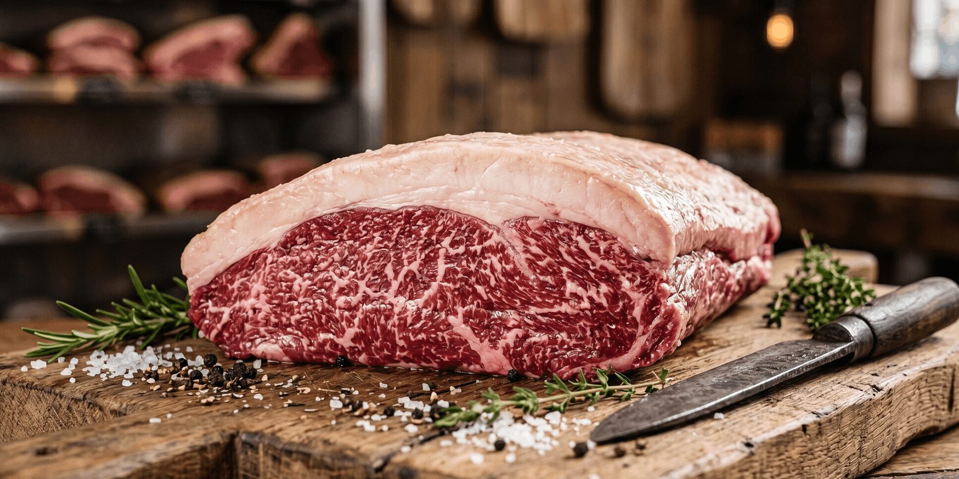 Seleção de carne boa para assar – Ramalho Carnes Close-up de um corte premium com alto marmoreio e gordura entremeada, destacando uma carne boa para assar selecionada em Campinas.