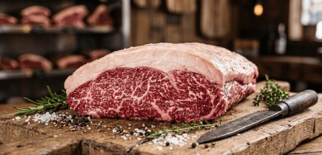 Close-up de um corte premium com alto marmoreio e gordura entremeada, destacando uma carne boa para assar selecionada em Campinas.