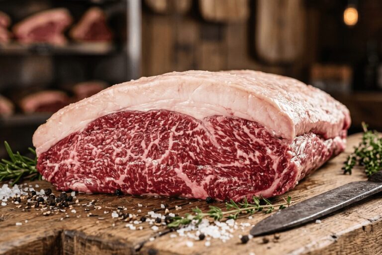 Seleção de carne boa para assar – Ramalho Carnes Close-up de um corte premium com alto marmoreio e gordura entremeada, destacando uma carne boa para assar selecionada em Campinas.