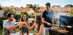 Grupo de amigos sorrindo e brindando com copos de cerveja ao redor de uma churrasqueira com espetinhos assando, em um quintal ensolarado em Campinas.
