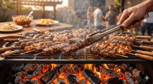 Grelha repleta de diversos espetinhos para churrasco sendo assados na brasa viva com fumaça e fogo intenso.
