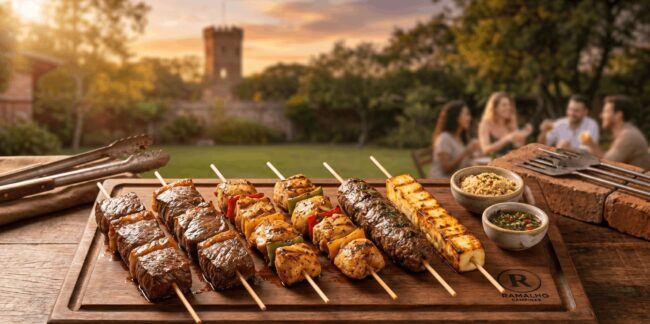 Linda tábua de madeira servindo diversos espetinhos prontos para churrasco, como carne, frango e queijo, com amigos confraternizando ao fundo durante o pôr do sol em Campinas.