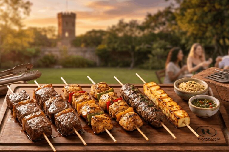 Espetinhos Prontos Delivery Campinas Linda tábua de madeira servindo diversos espetinhos prontos para churrasco, como carne, frango e queijo, com amigos confraternizando ao fundo durante o pôr do sol em Campinas.