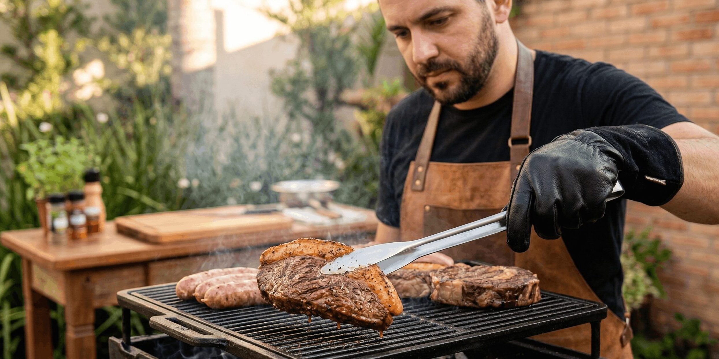 Close-up de churrasqueiro profissional na Ramalho Carnes em Campinas, usando pegador para virar um bife de picanha suculento na grelha, ilustrando a busca por tudo para churrasco.