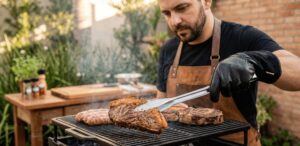 Close-up de churrasqueiro profissional na Ramalho Carnes em Campinas, usando pegador para virar um bife de picanha suculento na grelha, ilustrando a busca por tudo para churrasco.