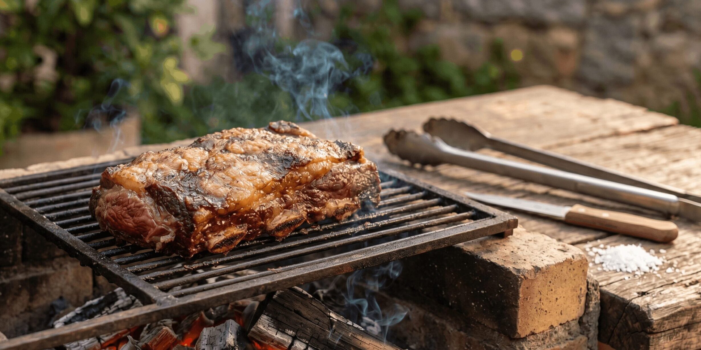 Uma peça suculenta de costela bovina, considerada uma ótima carne de segunda para churrasco, assando em uma grelha rústica sobre brasas de carvão com fumaça subindo.