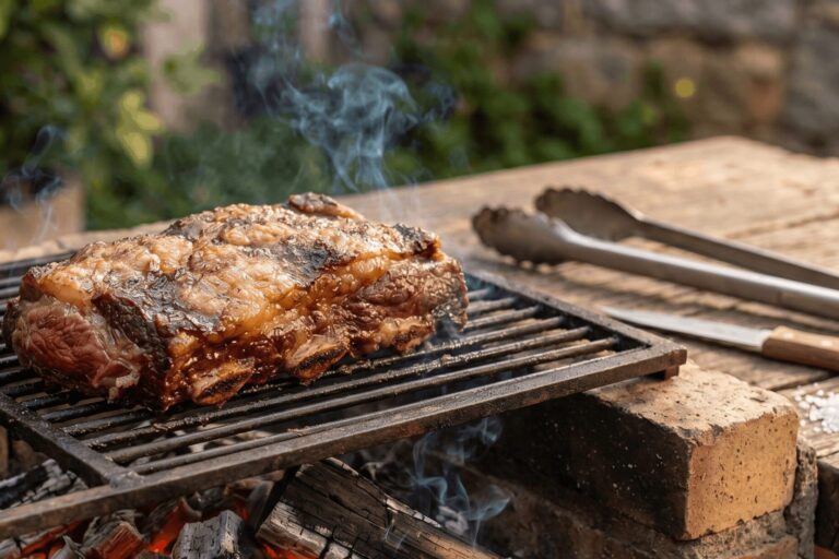Costela Suculenta: O Potencial da Carne de Segunda para Churrasco Uma peça suculenta de costela bovina, considerada uma ótima carne de segunda para churrasco, assando em uma grelha rústica sobre brasas de carvão com fumaça subindo.