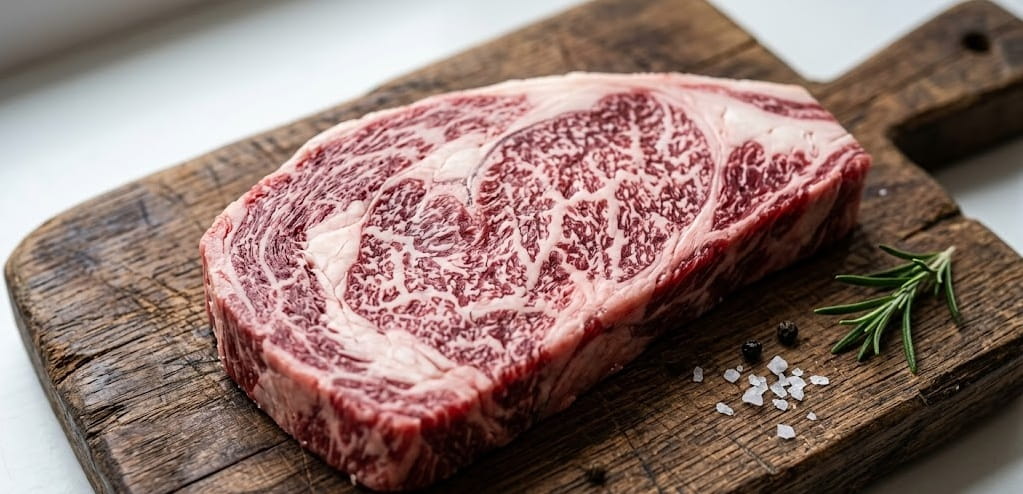 Um bife Wagyu cru de alta qualidade com marmoreio intenso sobre uma tábua de madeira rústica, temperado com alecrim e sal grosso, pronto como carne para assar na churrasqueira.