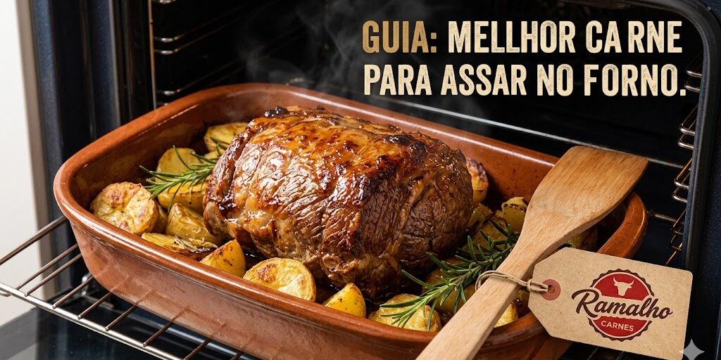 Carne para Assar no Forno – Ramalho Carnes Peça suculenta de carne para assar no forno, dourada e rodeada por batatas rústicas em uma assadeira de cerâmica dentro do forno.