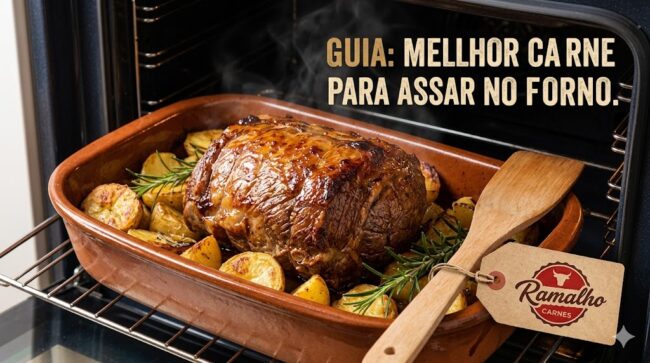 Peça suculenta de carne para assar no forno, dourada e rodeada por batatas rústicas em uma assadeira de cerâmica dentro do forno.