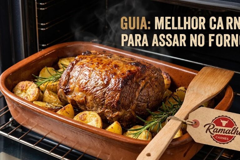 Carne para Assar no Forno – Ramalho Carnes Peça suculenta de carne para assar no forno, dourada e rodeada por batatas rústicas em uma assadeira de cerâmica dentro do forno.