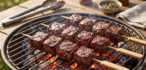 Vários espetinhos de carne bovina premium em cubos grandes, grelhando sobre brasas quentes em uma churrasqueira a carvão redonda. A gordura derretida cria fumaça. Pinças de metal e molho chimichurri ao fundo em uma mesa de madeira. Uma ótima opção de carne para assar na churrasqueira.