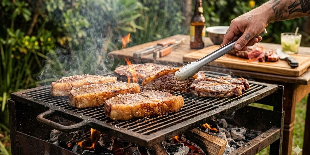 Suculenta Carne para Assar na Churrasqueira sendo Grelhada Mão tatuada segurando pegador para virar steaks premium de carne para assar na churrasqueira com sal grosso na grelha de ferro quente com brasas e chamas rústicas.