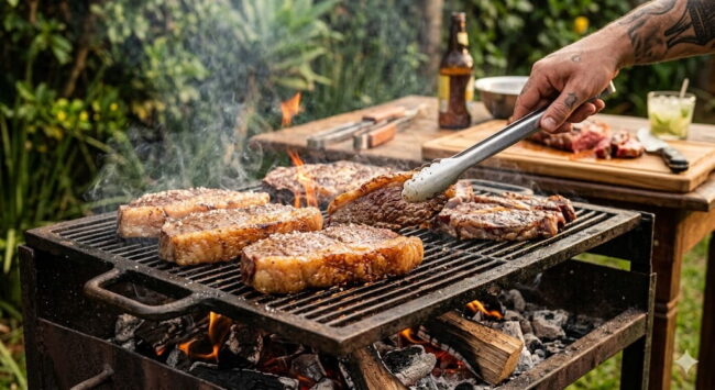 Suculenta Carne para Assar na Churrasqueira sendo Grelhada Mão tatuada segurando pegador para virar steaks premium de carne para assar na churrasqueira com sal grosso na grelha de ferro quente com brasas e chamas rústicas.