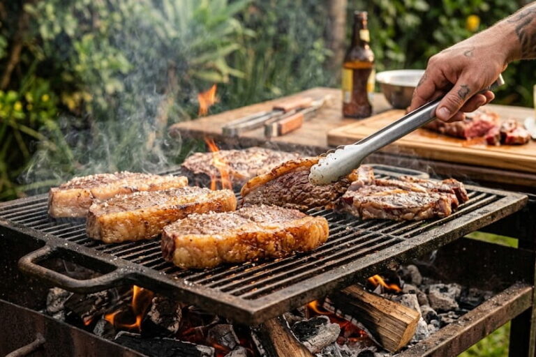 Suculenta Carne para Assar na Churrasqueira sendo Grelhada Mão tatuada segurando pegador para virar steaks premium de carne para assar na churrasqueira com sal grosso na grelha de ferro quente com brasas e chamas rústicas.