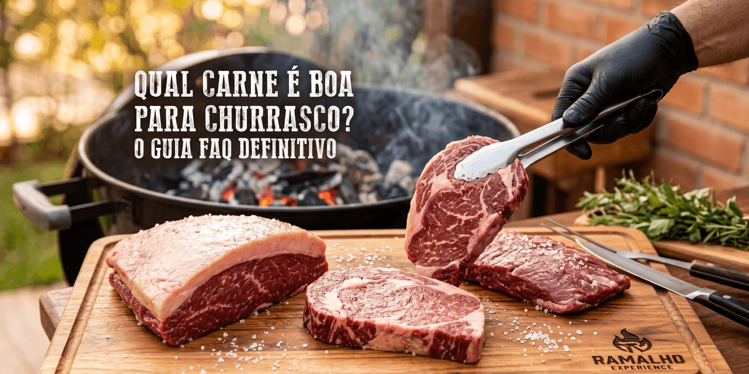 Cortes de Carne Nobres para Churrasco – Ramalho Carnes Tábua de madeira personalizada Ramalho Carnes com cortes de picanha, bife ancho e outro corte bovino nobre com sal grosso, ao lado de uma churrasqueira acesa. Texto sobreposto pergunta: 'Qual carne é boa para churrasco?'. Uma pessoa com luva preta segura pinças, pronta para grelhar a carne.