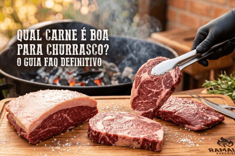 Cortes de Carne Nobres para Churrasco – Ramalho Carnes Tábua de madeira personalizada Ramalho Carnes com cortes de picanha, bife ancho e outro corte bovino nobre com sal grosso, ao lado de uma churrasqueira acesa. Texto sobreposto pergunta: 'Qual carne é boa para churrasco?'. Uma pessoa com luva preta segura pinças, pronta para grelhar a carne.