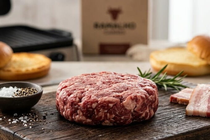 Blend Artesanal – O Hambúrguer Perfeito da Ramalho Carnes Hambúrguer preparado com blend artesanal de costela bovina na chapa quente, ao lado de pão de brioche amanteigado e fatias de bacon crocante.