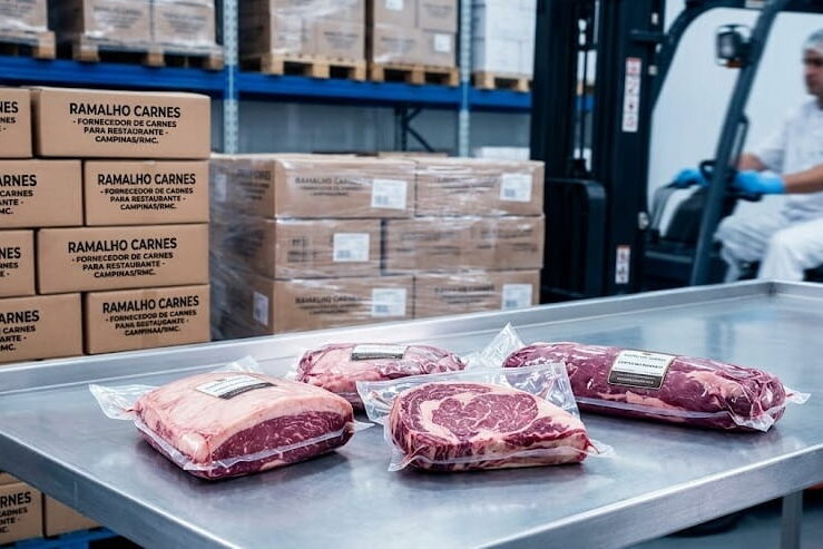 Fornecedor de Carnes para Restaurante – Ramalho Carnes e TRZ Food Cortes de carnes bovinas premium embalados a vácuo sobre mesa de inox no centro de distribuição da Ramalho Carnes, o seu fornecedor de carnes para restaurante na RMC.