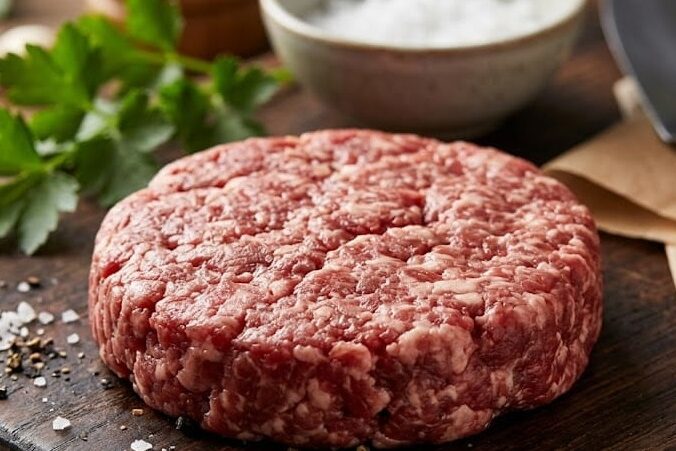 Carne Moída Premium para Hambúrguer Carne moída fresca de alta qualidade, ideal para hambúrguer, em uma tábua de madeira rústica