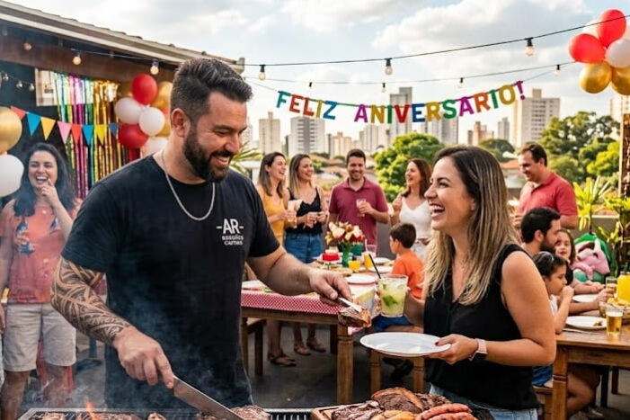 Churrasco Festa de Aniversário em Campinas com Amigos e Família Cena vibrante de um churrasco festa de aniversário campinas sendo celebrado em um terraço, com convidados rindo ao fundo e uma churrasqueira cheia de carne.