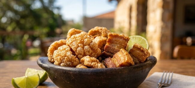 Porção Crocante do Melhor Torresmo de Campinas Uma tigela rústica de barro cheia de torresmo frito e pururuca crocante, servida com fatias de limão e um garfo sobre uma mesa de madeira, exemplificando o melhor torresmo de Campinas.