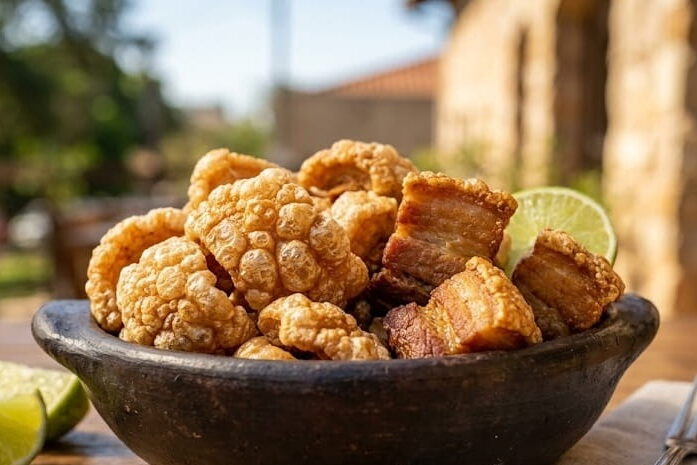 Uma tigela rústica de barro cheia de torresmo frito e pururuca crocante, servida com fatias de limão e um garfo sobre uma mesa de madeira, exemplificando o melhor torresmo de Campinas.