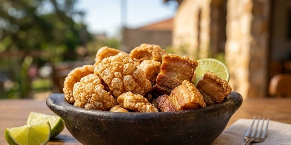 Porção Crocante do Melhor Torresmo de Campinas Uma tigela rústica de barro cheia de torresmo frito e pururuca crocante, servida com fatias de limão e um garfo sobre uma mesa de madeira, exemplificando o melhor torresmo de Campinas.