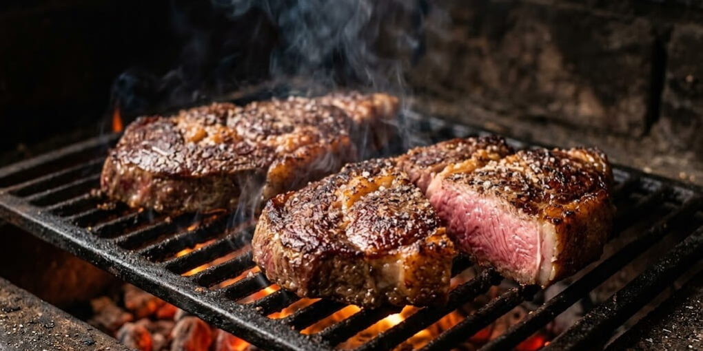 acem-e-bom-para-churrasco Bifes altos de acém na grelha mostrando que acém é bom para churrasco quando cortado grosso