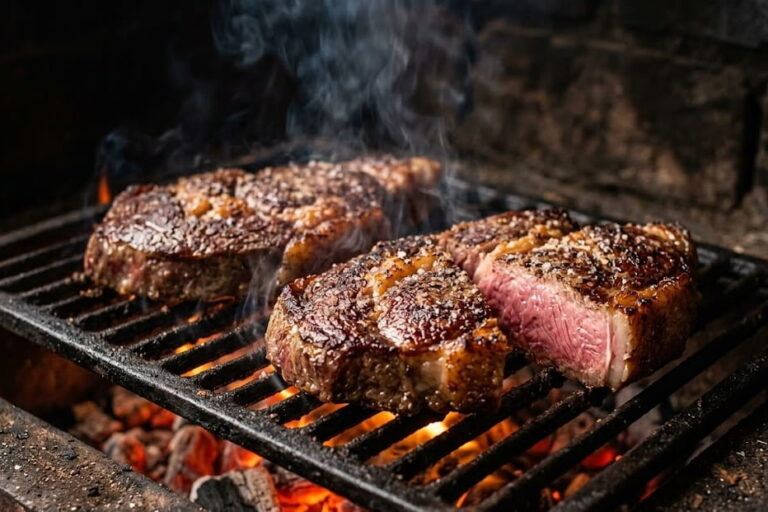 Bifes altos de acém na grelha mostrando que acém é bom para churrasco quando cortado grosso