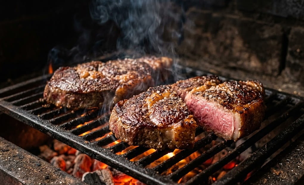 Bifes altos de acém na grelha mostrando que acém é bom para churrasco quando cortado grosso