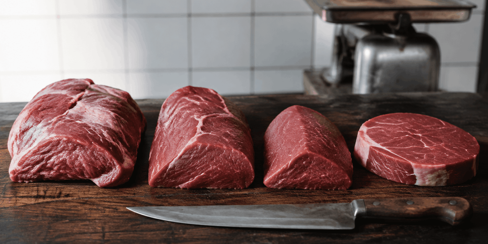 Quatro peças de carne para bife barata alinhadas em tábua de madeira, com faca de açougueiro e balança ao fundo