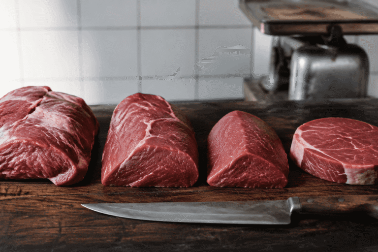 Quatro peças de carne para bife barata alinhadas em tábua de madeira, com faca de açougueiro e balança ao fundo