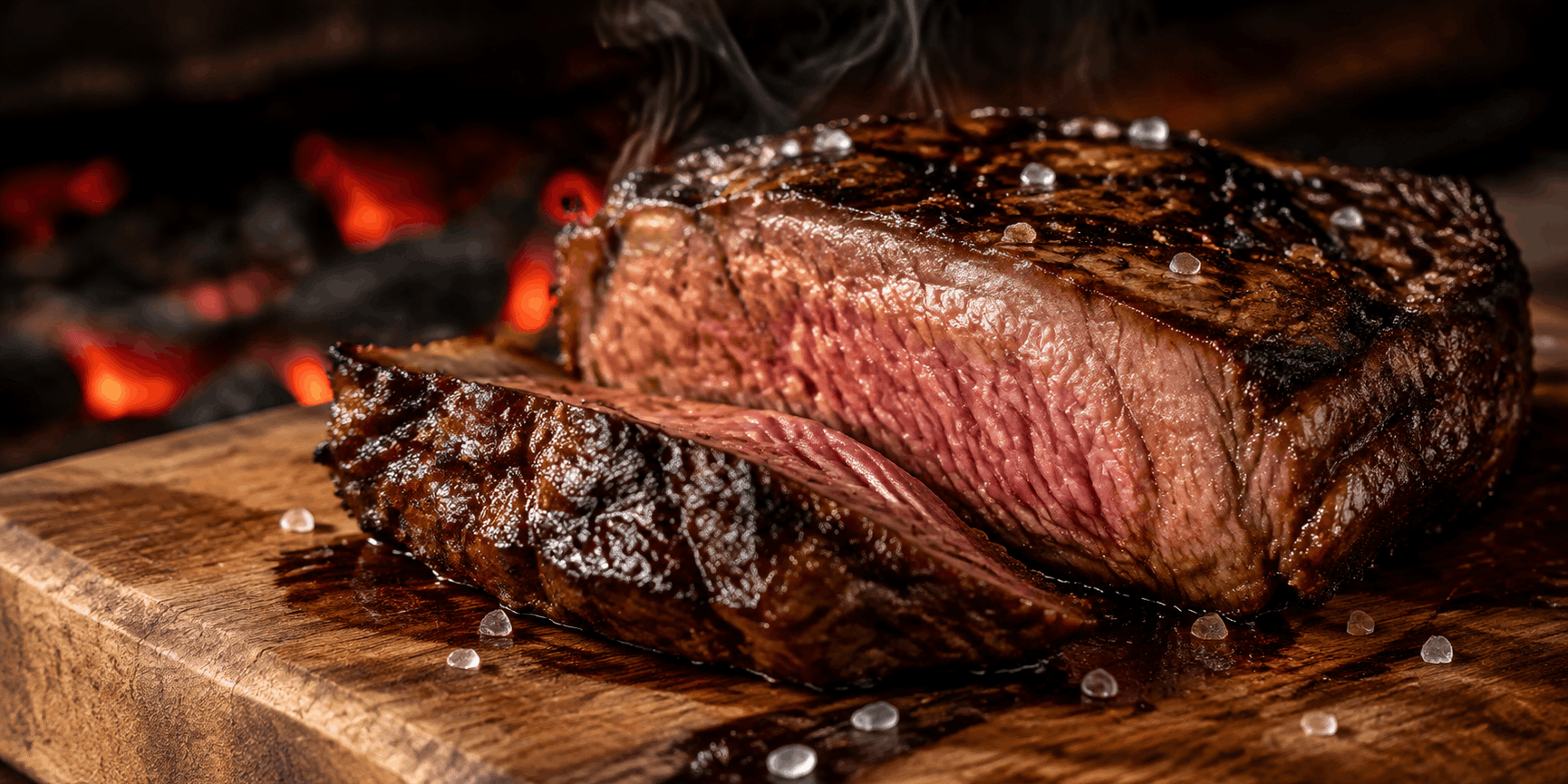 Corte bovino grelhado fatiado mostrando o centro rosado e o marmoreio da carne suculenta para churrasco