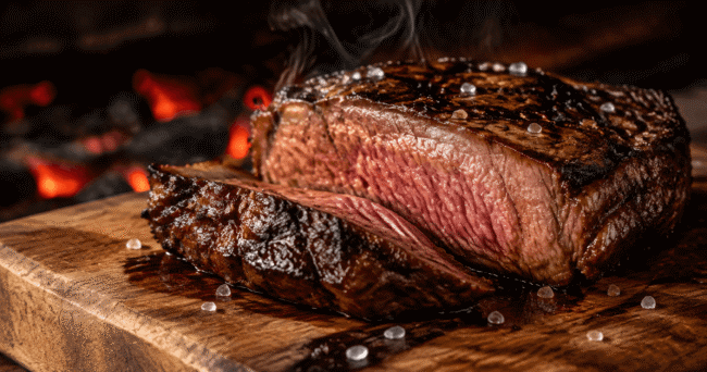 Carne suculenta para churrasco fatiada na tábua Corte bovino grelhado fatiado mostrando o centro rosado e o marmoreio da carne suculenta para churrasco