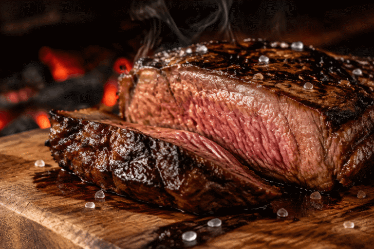 Corte bovino grelhado fatiado mostrando o centro rosado e o marmoreio da carne suculenta para churrasco