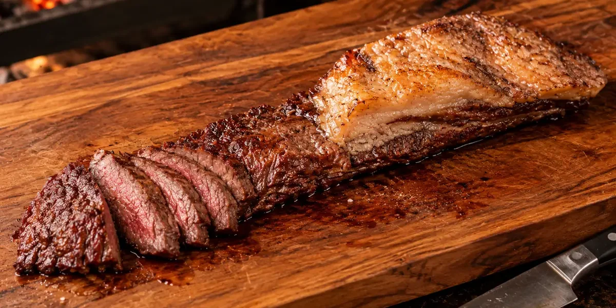 Fraldinha para churrasco assada inteira na tábua, com a capa de gordura dourada e as primeiras fatias mostrando o centro rosado