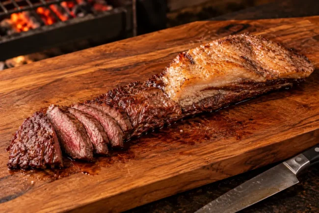 Fraldinha para churrasco assada inteira na tábua, com a capa de gordura dourada e as primeiras fatias mostrando o centro rosado