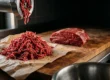 Qual a melhor carne moída: patinho moído saindo do moedor ao lado da peça inteira no balcão do açougue