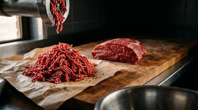 Qual a melhor carne moída: patinho moído saindo do moedor ao lado da peça inteira no balcão do açougue
